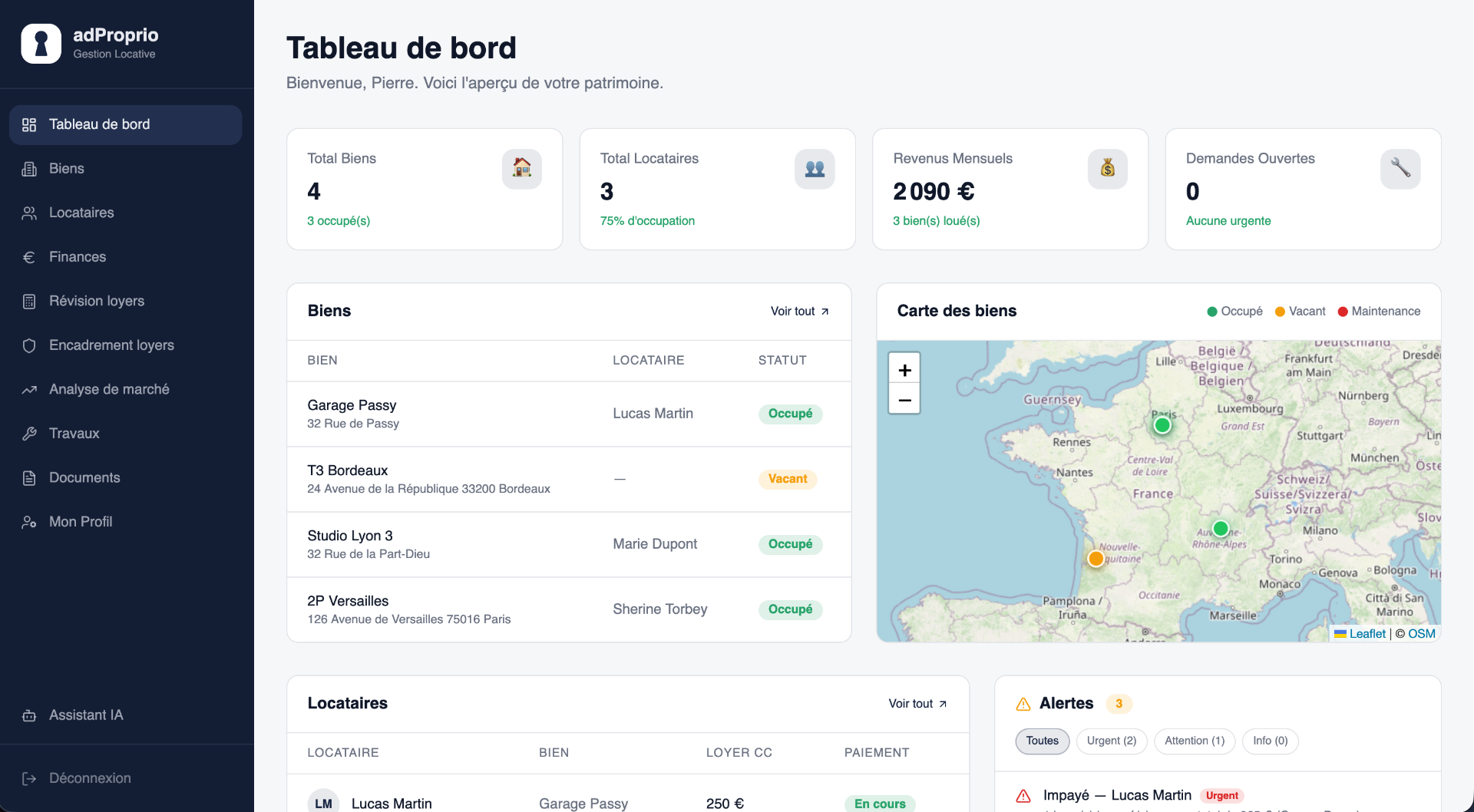 Tableau de bord adProprio — KPIs, carte des biens et suivi locataires